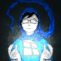 a boy in a blue robe and glasses holds the sburb logo from homestuck (a house cut into segments) in his hands.