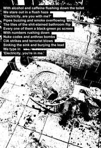 With alcohol and caffeine flushing down the toilet We stare out in a flush haze 'Electricity, are you with me?' Pipes buzzing and smoke overflowing The tiles of the shit-stained bathroom flip Every one of them a black-green pc screen With numbers rushing down Nuke codes and anthrax bombs CIA strikes and terrorist blows Sinking the sink and burying the lead We type in 'Electricity, you're in me'