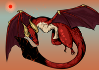 a red dragon with a scorched tail flying in the sky