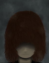 a girl with shaggy brown hair looking into a mirror. her face is obscured