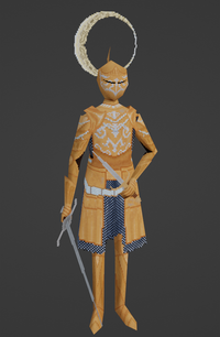 a low-poly knight with a moon-shaped helmet holding a sword and dagger