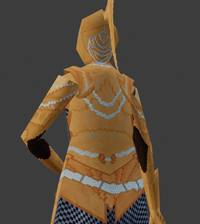 a low-poly knight with a moon-shaped helmet, from behind