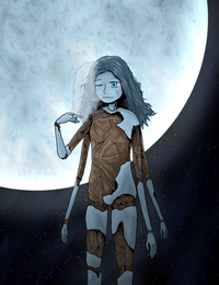 a broken doll with four arms standing in front of the full moon