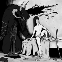 a girl in her underwear sits on a bed next to a sword and a demon with its guts cut open