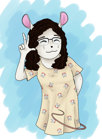 a mouse girl holds up three fingers and smiles