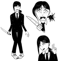 sketches of an exasperated girl holding a knife or smiling in various poses