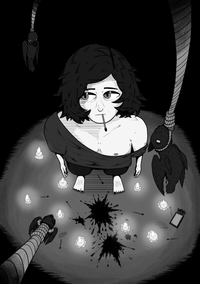 a girl stands surrounded by crows hung in nooses, candles at her feet