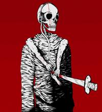 a skeleton with headphones is pierced in the stomach by the tip of a sword