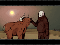 a potbellied, bald creature with pale skin pets a cow in a field