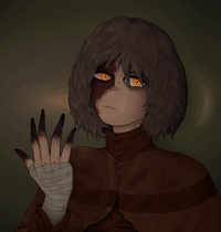 a girl with brown hair, orange eyes, and burnt fingers, her hand wrapped in bandages